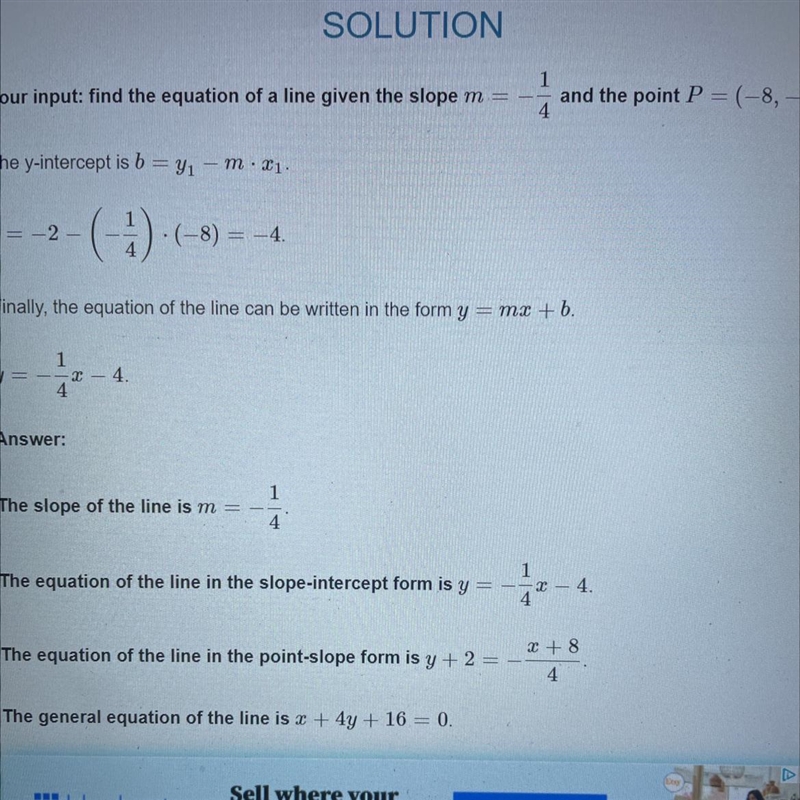 Find the equation of the line with slope m= -1/4 that contains the point (-8, -2).-example-1