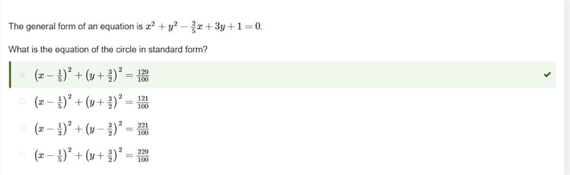 HELP ASPAPP The general form of an equation is x2+y2−25x+3y+1=0. What is the equation-example-1