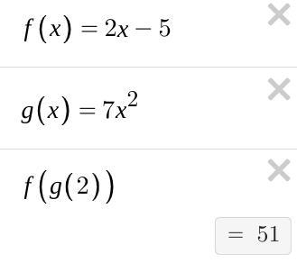 If f(x) = 2x - 5 and g(x) = 7x^2, what is f(g(2))?-example-1