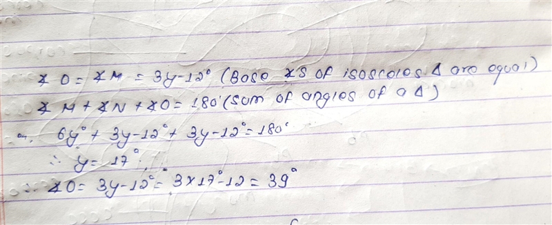 Find the measure of the indicated angle. N O m 20 6yº 3y - 12° O M-example-1