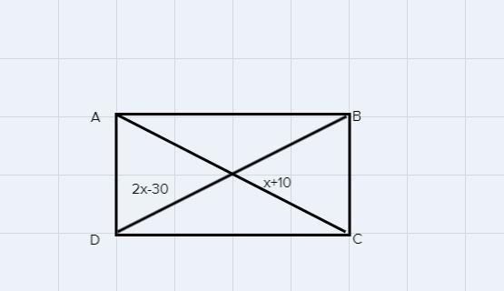 In rectangle ABCD, diagonal AC=x+10 and diagonal BD=2x-30. Find the value of x.-example-1