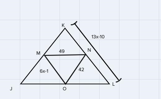 9. If MN, NO, and MO are midsegments, find the perimeter of AJKL.K13x - 1049NI 6x-example-1