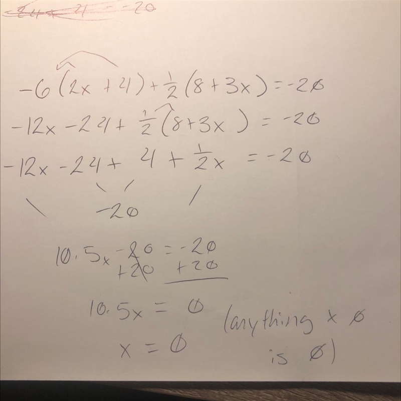 -6(2x+4)+1/2(8+3x)=-20-example-1