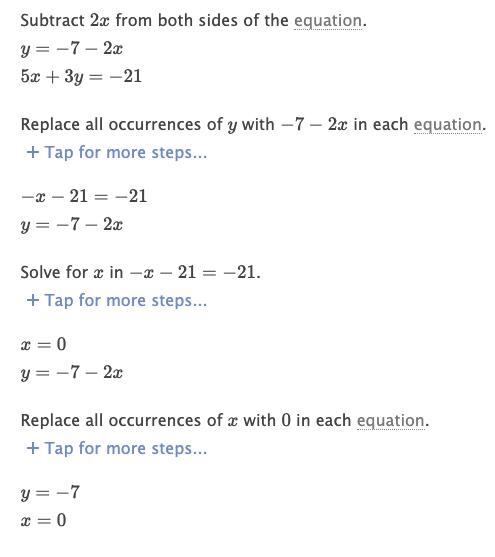 2x+y=-7 5x+3y=-21 substitution (please show work)-example-1