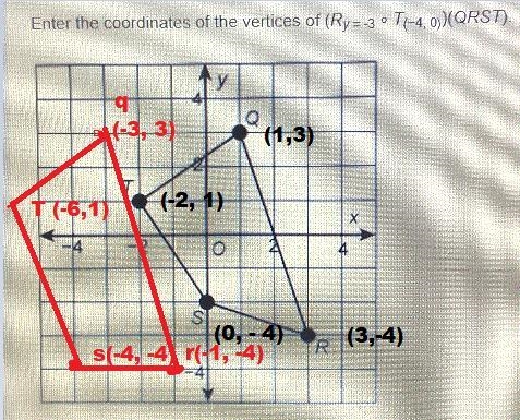 Enter the coordinates of the vertices of (Ry=-3 T-4,0))(QRST).-example-2