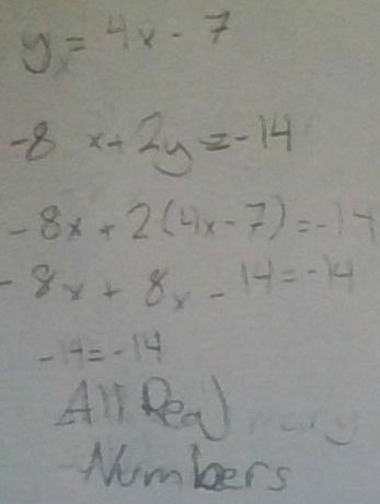 Solve by Substituting the equation -4x+y=-7, -8x+2y=-14-example-1