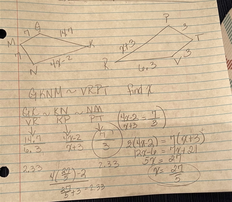 HELPPPP In the diagram to the​ right, GKNM~VRPT. Find the value of x. Give the scale-example-1