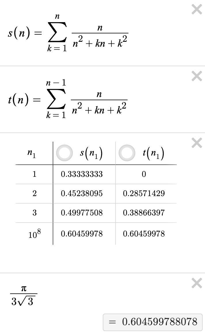 Let Let \\ \displaystyle\sf S = \sum_(k=1)^n (n)/(n^2+kn + k^2) and , \displaystyle-example-1