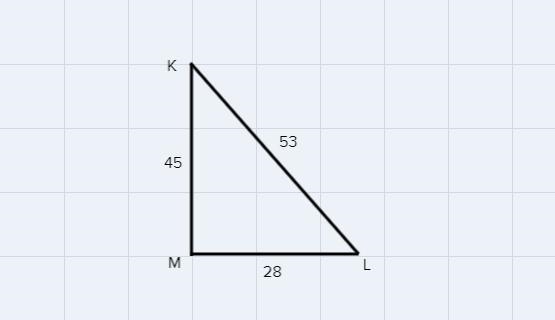 In △KLM, the measure of ∠M=90°, ML = 28, LK = 53, and KM = 45. Find tan L and cos-example-1