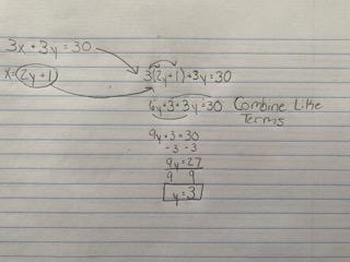 In the system of equations below what is the value of y? 3x+3y=30 x=2y+1 (use substitute-example-1