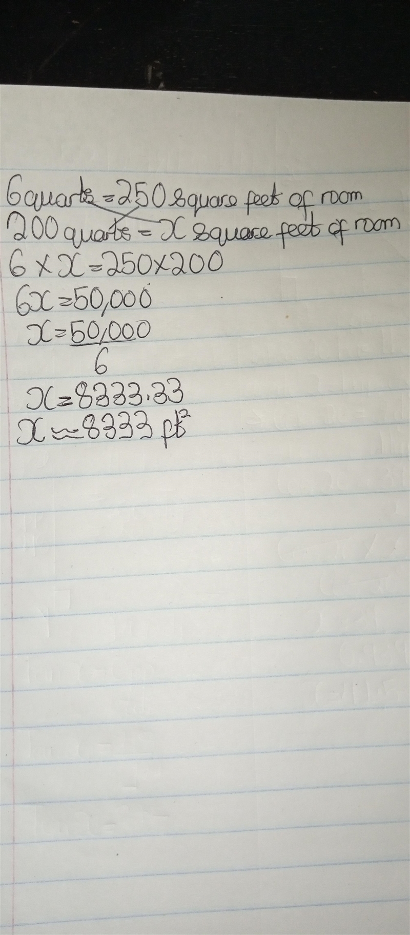 If six quarts of paint are needed for 250 square-feet of room, 200 quarts of paint-example-1