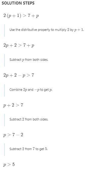 Solve the following inequality. 2(P + 1) > 7 + P-example-1