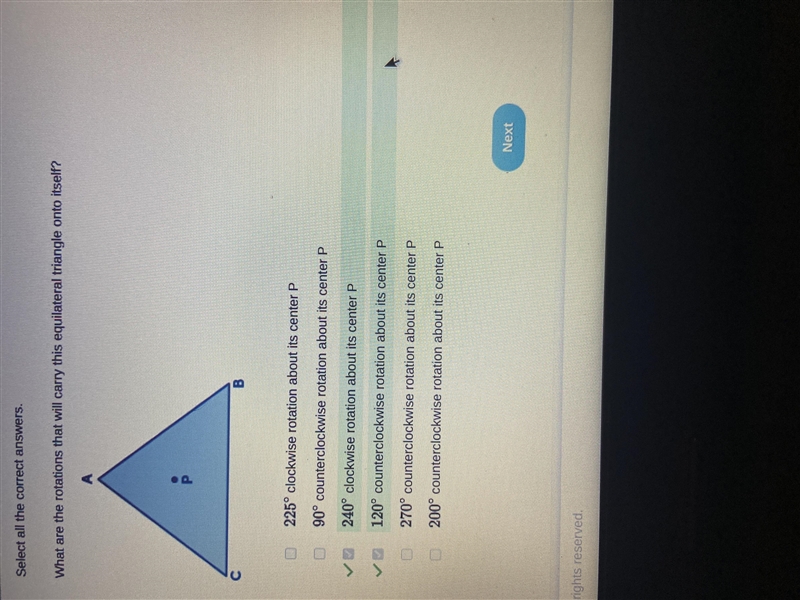 What are the rotations that will carry this equilateral triangle onto itself? A B-example-1