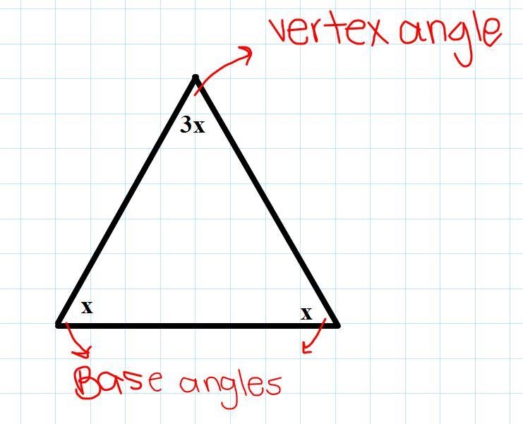 The measure of the vertex angle of an isosceles triangle is three times the measure-example-1