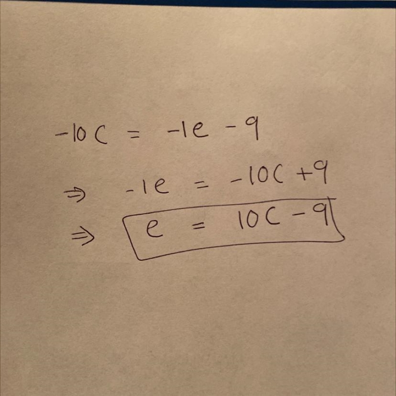 Solve for e: -10c = -1e - 9-example-1