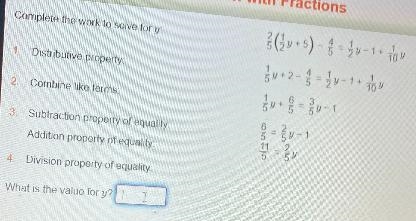 Complete the work to solve for y7 (22y + 5) - 13 = 2 4 - 1 + 101/4 + 2 - 1/2 = 1 4 - 1 + you-example-1