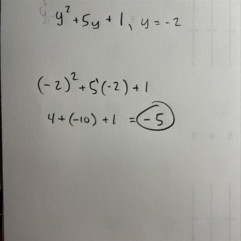 Evaluate the expression when y=-2. Y^2+5y+1-example-1