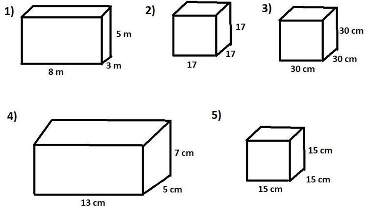 Draw the figure with their measurements and find their volume 1) I = 8m w = 3m h = 5m-example-1