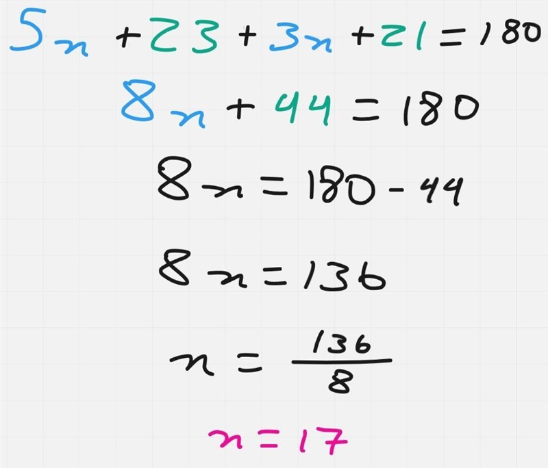 Solve the equation for n. 5n+23+3n+21 = 180-example-1