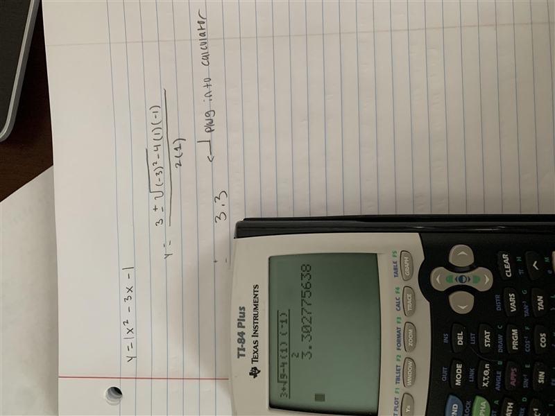 Use the quadratic formula to solve the equation: y = x2 - 3x - 1 Group of answer choices-example-1