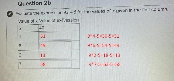 Evaluate the expression 9x - 5 for the values of x given in the first column. Value-example-1