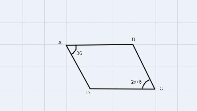 In the parallelogram below, if < A = 36 degrees, and < C = 2x + 6 degrees, find-example-1