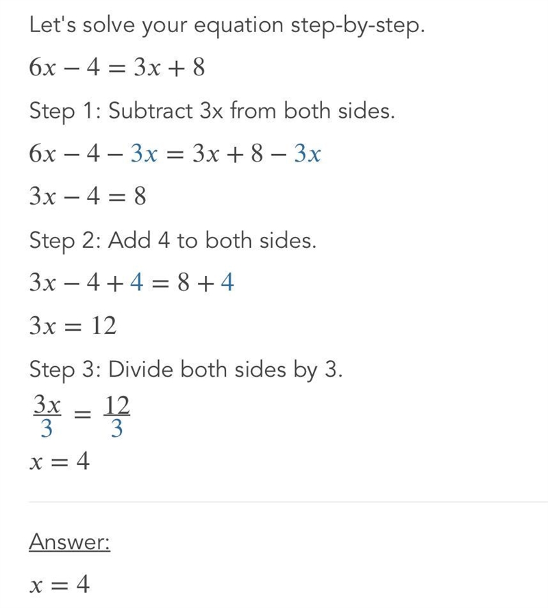 Geometry Support 4. Given: 6x-4 = 3x + 8. Prove: x = 4​-example-1