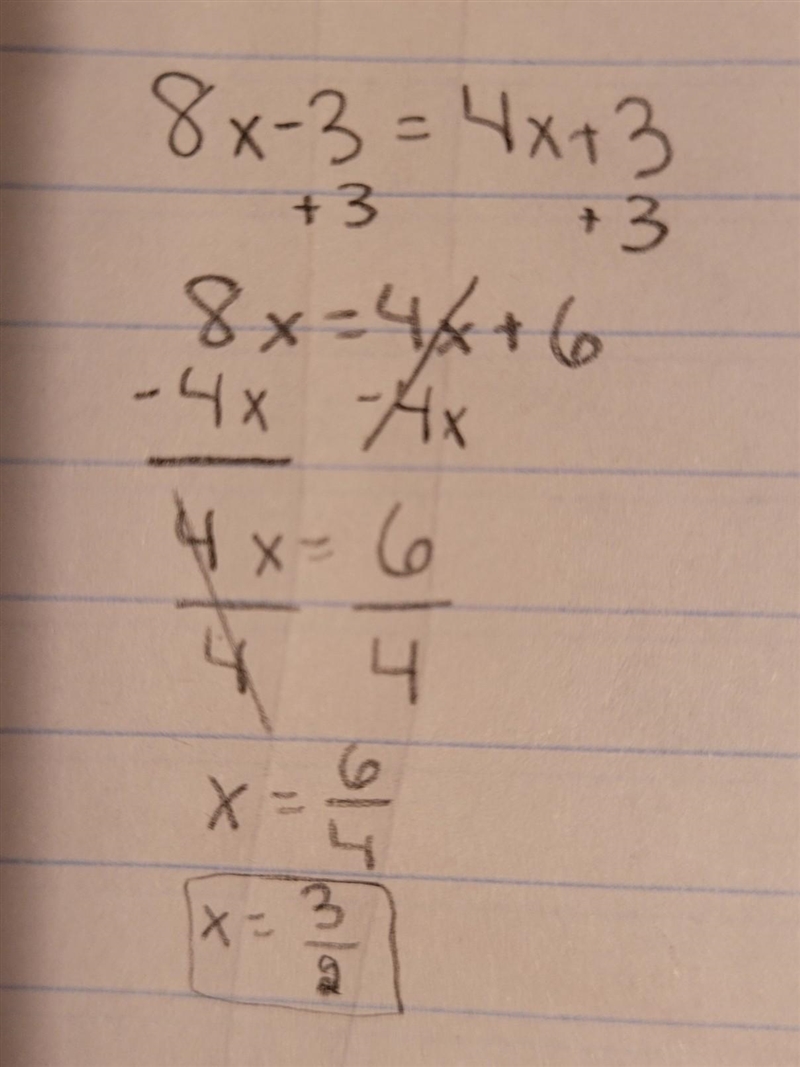 Solve for x. 8x - 3 and 4x + 3 answer-example-1