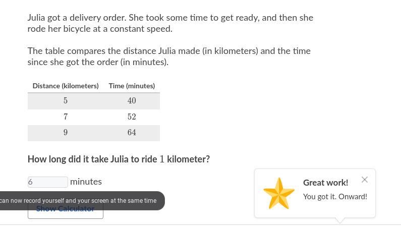 Julia got a delivery order. She took some time to get ready, and then she rode her-example-1