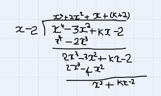 p (x) = x⁴-3x²+kx-2, where k is an unknown integer. P (x) divided by (x-2) has a remainder-example-1