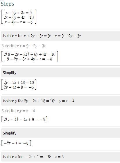 Solve the system of 3 equations using substitution of eliminationx + 2y + 3z = 92x-example-1