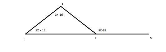 In AJKL, JL is extended through point L to point M, mZJKL = - (3x – 16)º, mZLJK = (2x-example-1