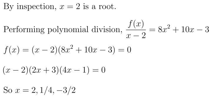 Determine the rational zeros for the function f(x)=8x^(3)-6x^(2)-23x+6. a. -(1)/(2),(1)/(4),2 c-example-1