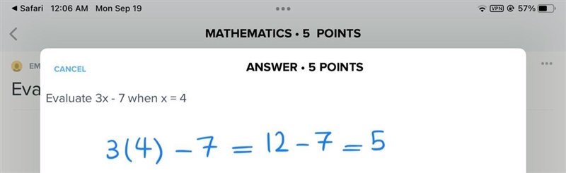 Evaluate 3x - 7 when x = 4-example-1