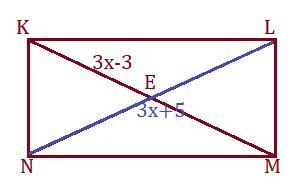 KLMN is a rectangle with diagonals that intersect at point E. KE = 3x-3 and LN = 3x-example-1