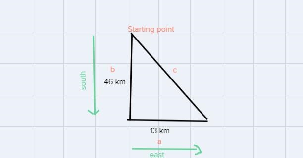 Lisa drives her car for 46 km south and then 13 km east. How far is she from her starting-example-1