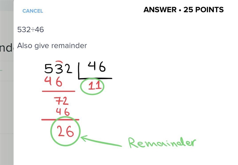 532÷46 Also give remainder-example-1