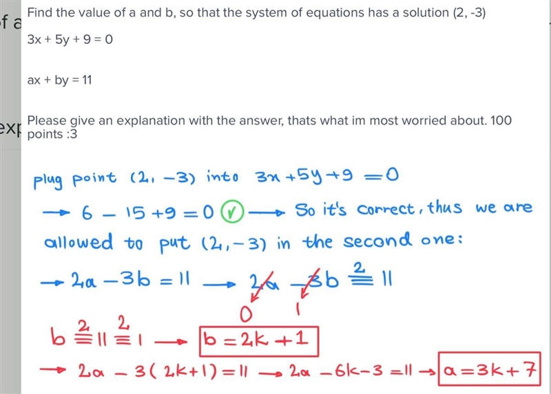 Find the value of a and b, so that the system of equations has a solution (2, -3) 3x-example-1