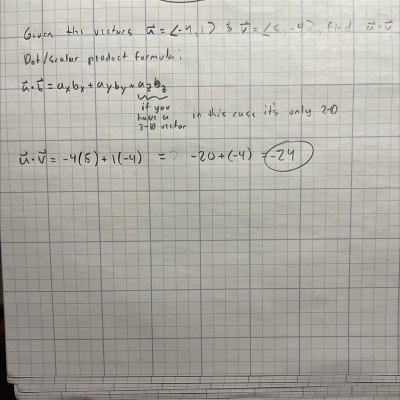 Find the dot product of u and v. u = (−4, 1) v = (5,-4) UxV =-example-1