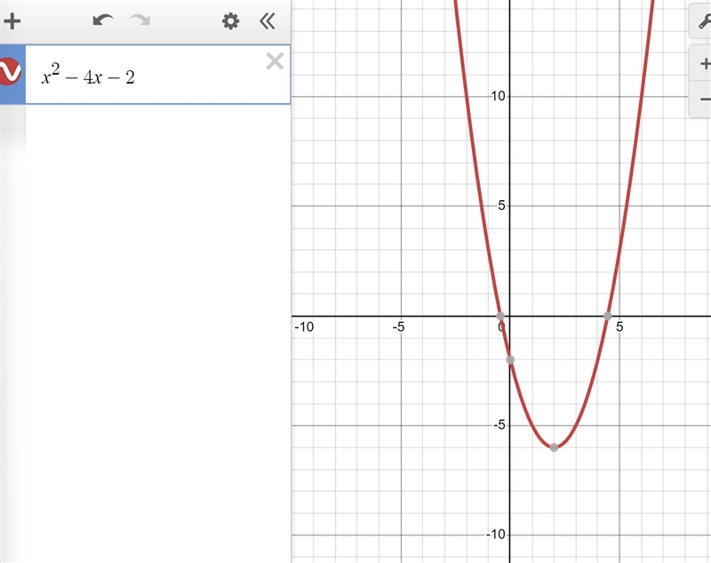 Determine between which consecutive integers the real zeros of f(x)=x²-4x-2 are located-example-1