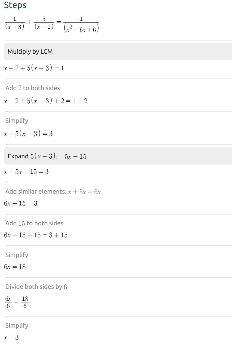 Solve the rational equation 1/(x-3) + 5/(x-2) = 1/(x^2-5x+6)-example-1