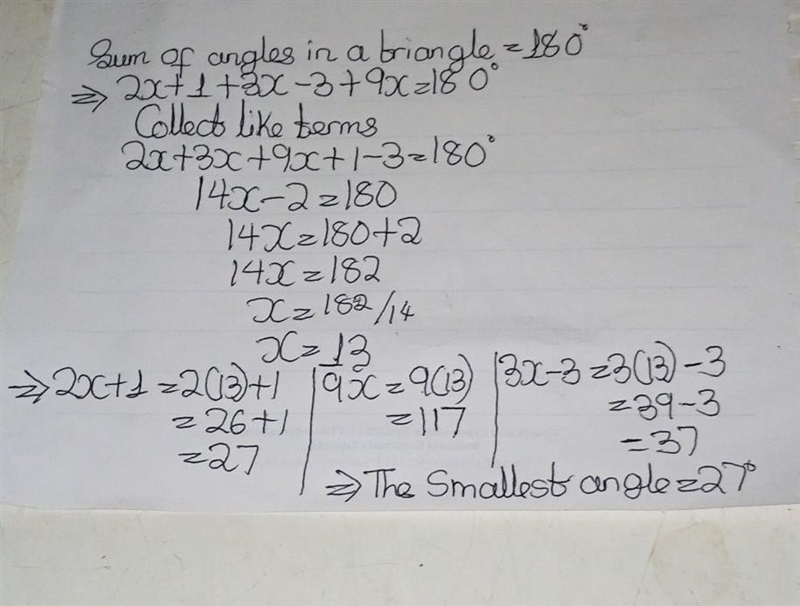 3. The measures, in degrees, of the three angles of a triangle are given by 2x + 1, 3x-example-1