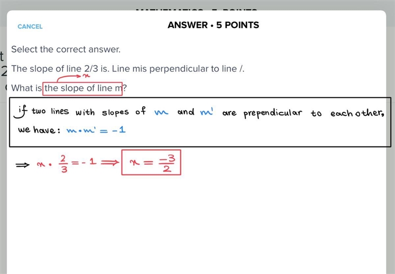 Select the correct answer. The slope of line 2/3 is. Line mis perpendicular to line-example-1