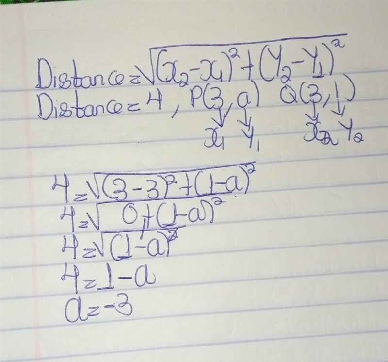 If the distance between points P(3.a) and Q(3, 1) is 4 units then find the value of-example-1