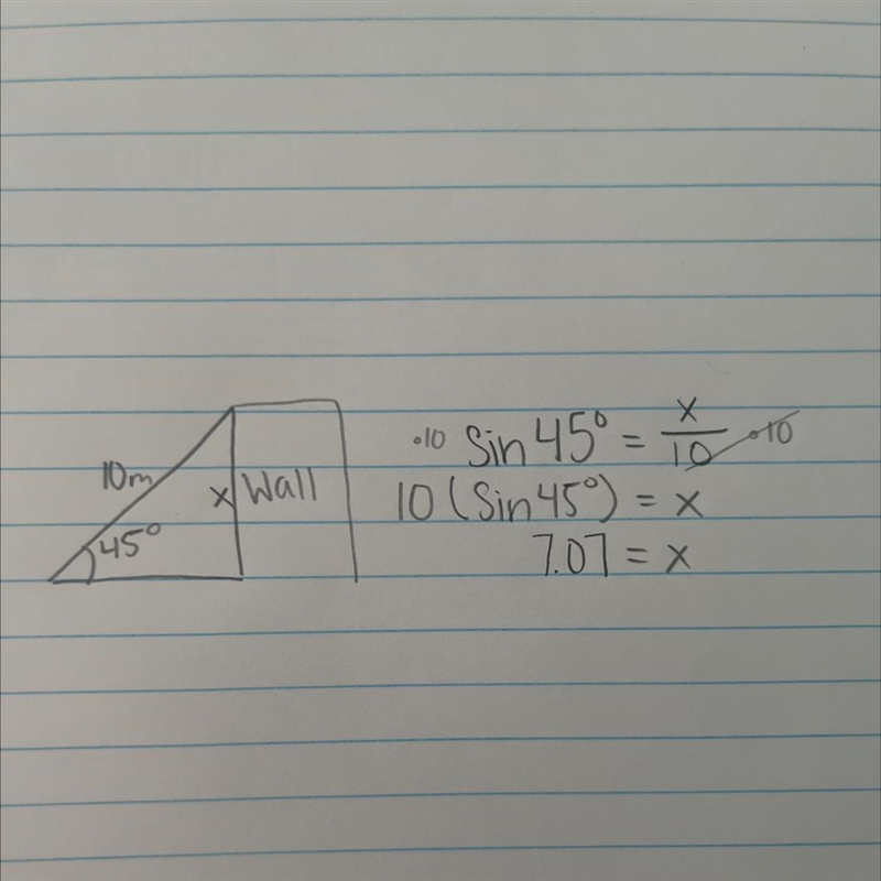 14 A ladder 10m long leans against a wall and make 45" with the ground. What-example-1