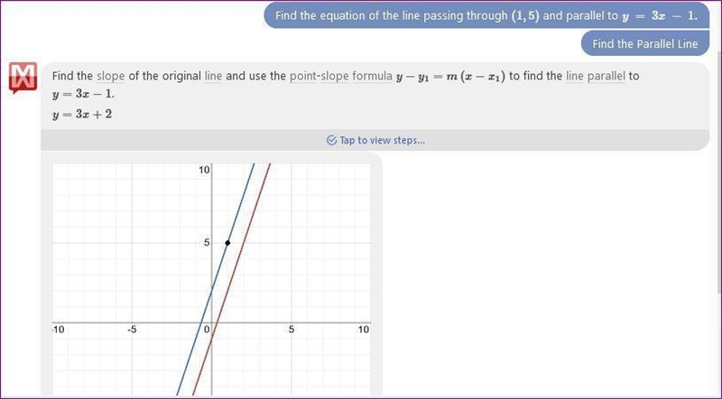 Find the equation of the line passing through (1, 5) and parallel to y = 3x – 1. (20 POINTS-example-1