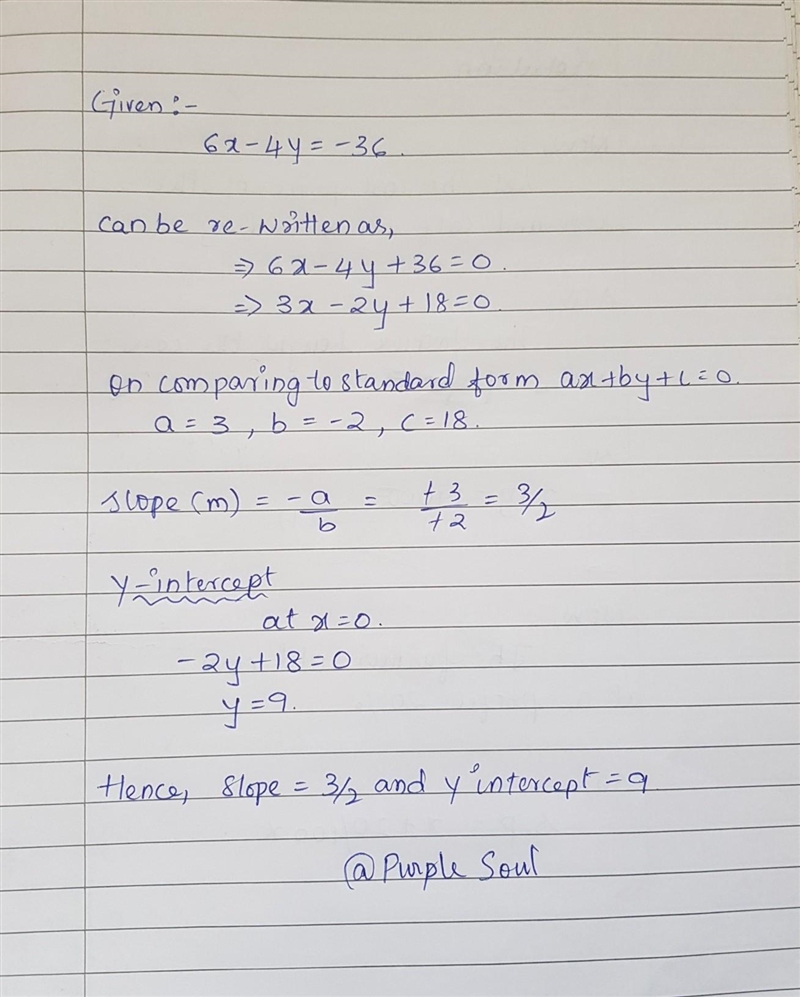 Find the slope and y-intercept for the graph of the equation 6x - 4y = -36-example-1