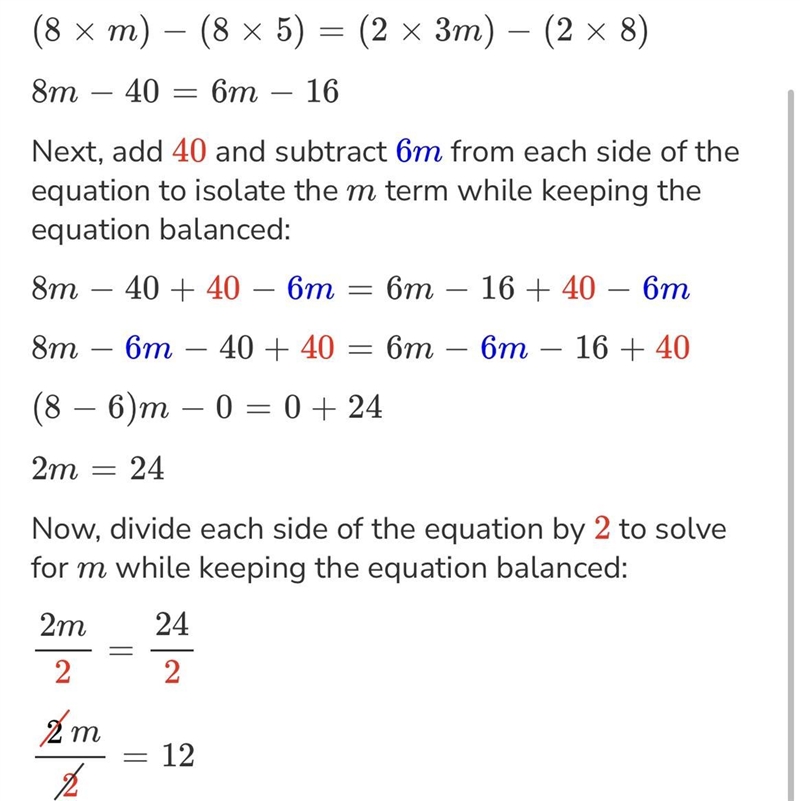 Solve: −8(−3m−5)+2=5(−m−3)−1.-example-1