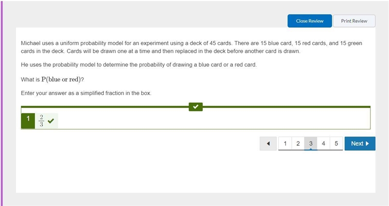 Michael uses a uniform probability model for an experiment using a deck of 45 cards-example-1