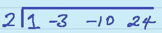 Use synthetic division to completely factor y=x^3-3x^2-10x+24 by x – 2.A. y = (x – 2)(x-example-2